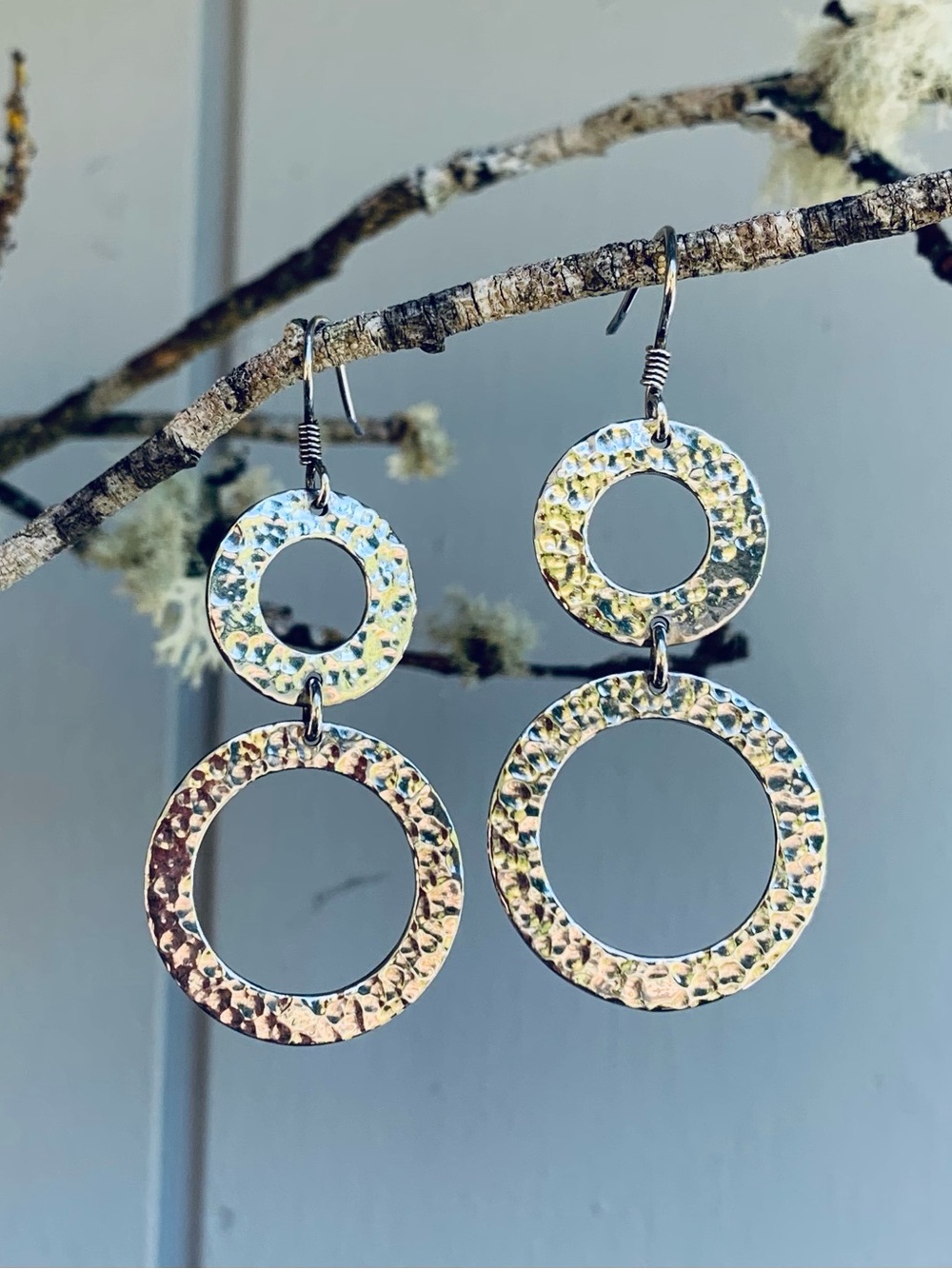 Vintage Rare Find Artisan Hammered Double Hoop .925 Silver Drop Pierced Earrings